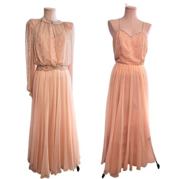 Vintage Victoria Royal Ltd Pink Chiffon Beaded Jacket Princess Prom Dress Size 8 - Picture 2 of 15